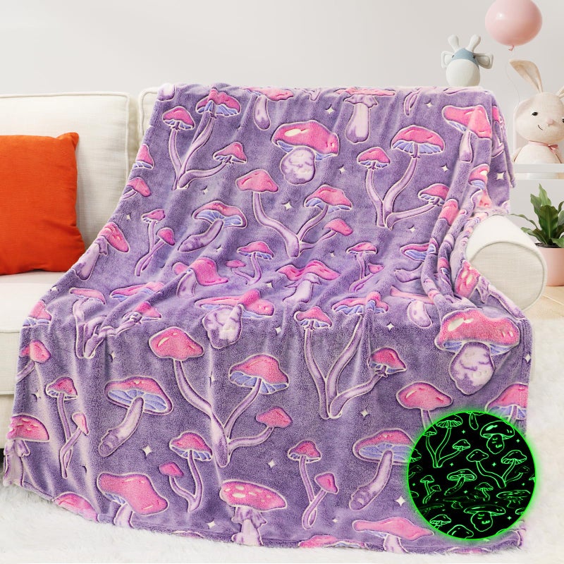 MIBOI Mushroom Blanket Glow in The Dark Cute Mushroom Throw Blanket for Adult Girls Cottagecore Decor Soft Fleece Blanket for Kids Bed Couch Kids Birthday Halloween - Image 1